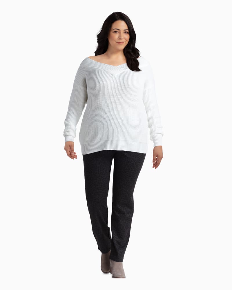 Plus size model with rectangle body shape wearing Albany Off The Shoulder V-Neck Sweater by Meri Skye | Dia&Co | dia_product_style_image_id:110348